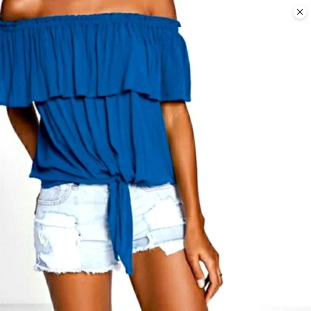 Express Teal Off-Shoulder Gauzy Babydoll Cropped Top